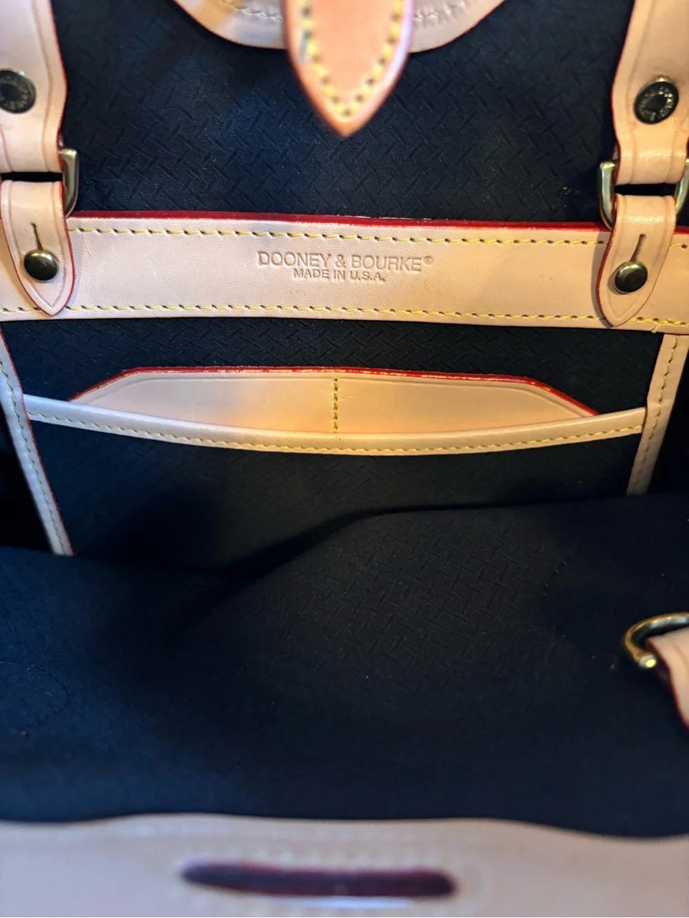 Dooney & Bourke Navy Canvas Cabriolet Bucket Bag Tote Tan Leather Trim